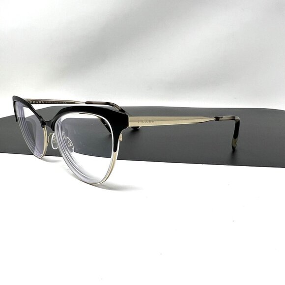 Prada Eyeglasses Frames VPR 55S QE3-1O1 Black Gold Cat Eye Full Rim 52-16-140 - Picture 1 of 10
